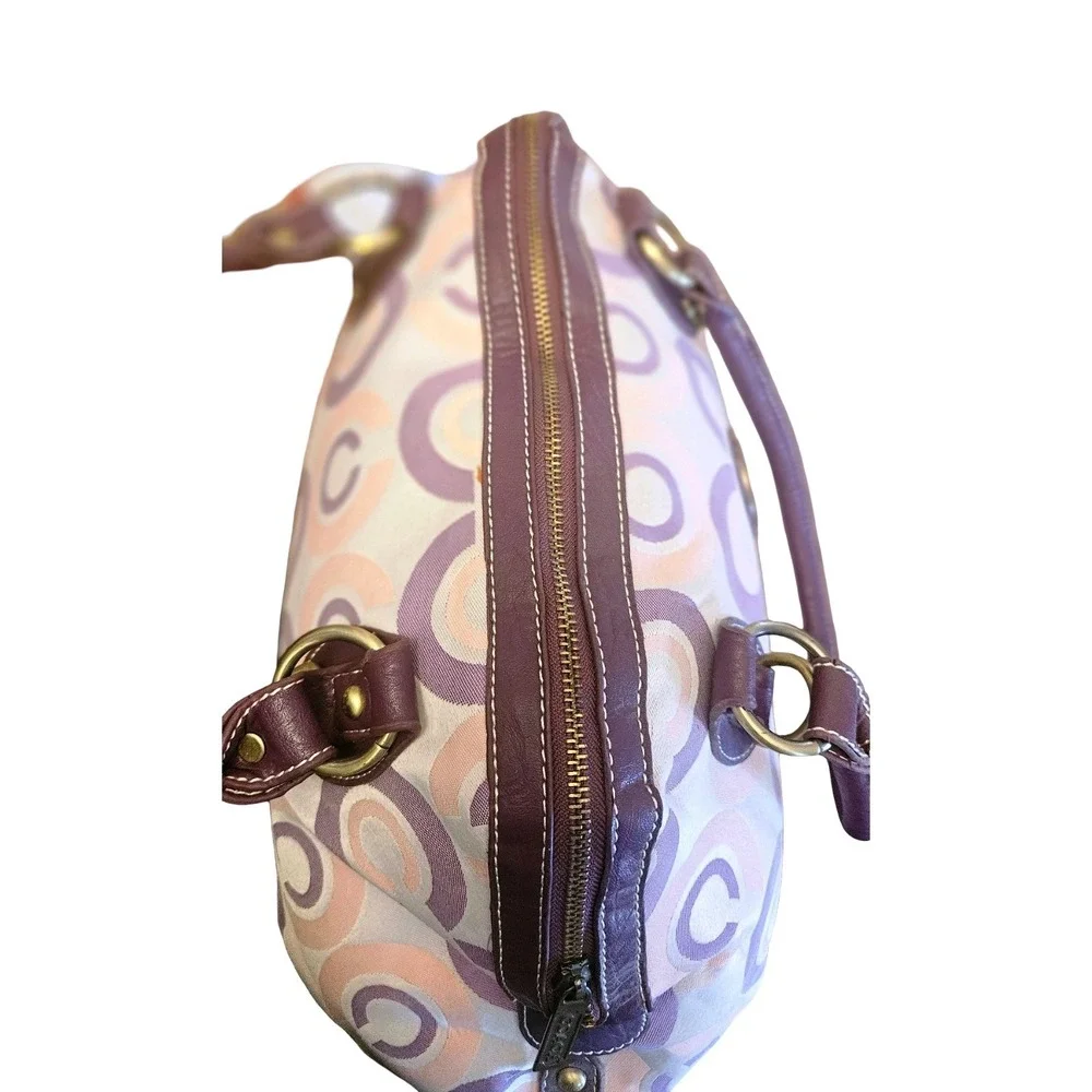Coach Optic Signature Satchel Handbag Purple Pink Jacquard Leather Trim